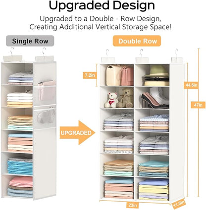 Space-Saving Hanging Closet Storage Organizer – Dual-Row Foldable Shelves with 3 Hooks, 6-Tier Wardrobe Organizer for Dorm, Bedroom, Closet (White)