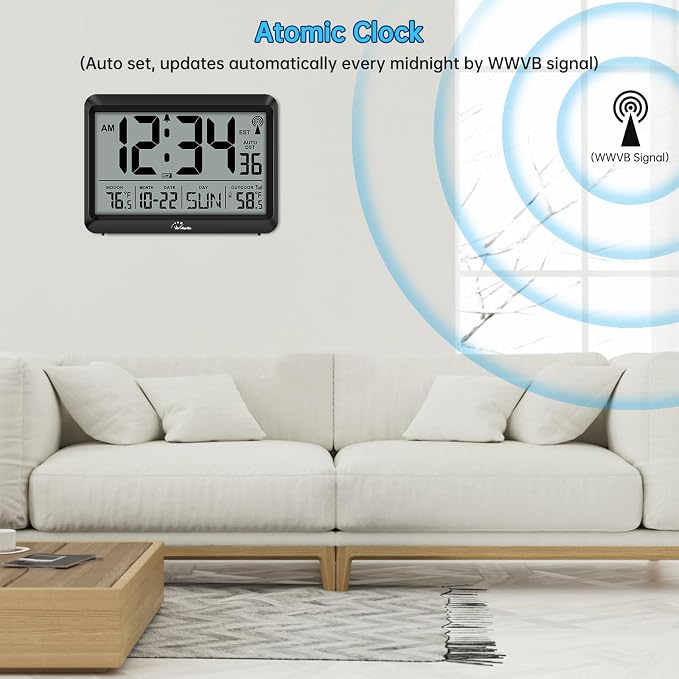 WallarGe Atomic Clock with Indoor Outdoor Temperature - 8.5'' Digital Clock Battery Operated, Self-Setting, 4 Time Zones, DST