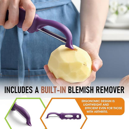 Spring Chef Professional Purple Swivel Potato Peelers for Kitchen, Stainless Steel Veggie Peeler with Soft Grip Handle, Dishwasher Safe, Grate for Peeling Apple, Fruit, Carrot, Cucumber, Purple
