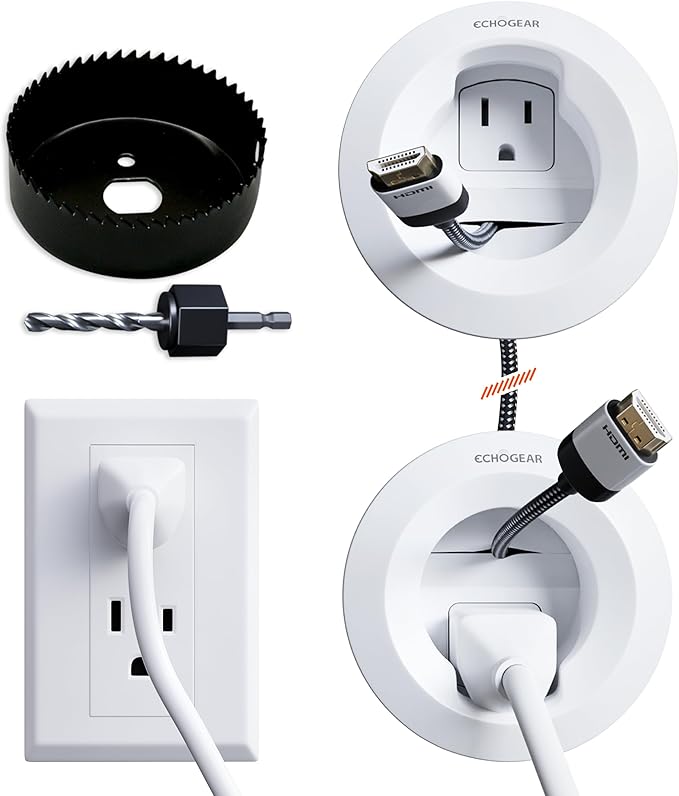 ECHOGEAR in-Wall Cable Management Kit for Power & Low Voltage Cords – Hide TV Wires Behind the Wall – Includes 3.75” Diameter x 3.25” Depth Modules, 6ft Extension Cord, Drywall Hole Saw Attachment