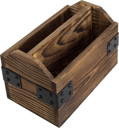 MyGift Wood TV Remote Control Holder, Remote Organizer Storage Caddy for Table with 2 Compartments and Decorative Black Metal Wrap Accents, Rustic Burnt