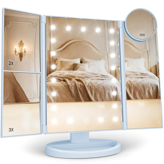 HUONUL Makeup Mirror, Vanity Mirror with Lights, 2X/3X/10X Magnification, Touch Control, Trifold, Dual Power Supply, Birthday Gifts for Women, Wife, Mom, Girls,Dorm Room Essentials