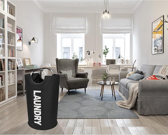 DOKEHOM 90L Large Laundry Basket, Collapsible Laundry Bag, Freestanding Tall Clothes Hamper, Foldable Washing Bin (Black)