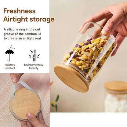 Sugar Jar Glass Salt Container,15 Ounces Clear Airtight Caning with Bamboo Lid and Spoon Scoop, Storage Overnight Oats, Salts, Coffee Bean, Spice, Creamer, Food Organizer, Pack of 1