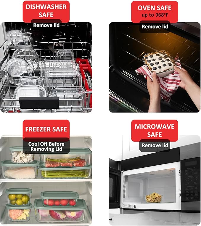 EATEX 7 Pack Glass Meal Prep Containers with Grooved Base, 7 Stackable BPA Free Glass Storage Containers with Lids for Lunch, Pantry, and Kitchen - Microwave, Dishwasher Freezer & Oven Safe - Sage