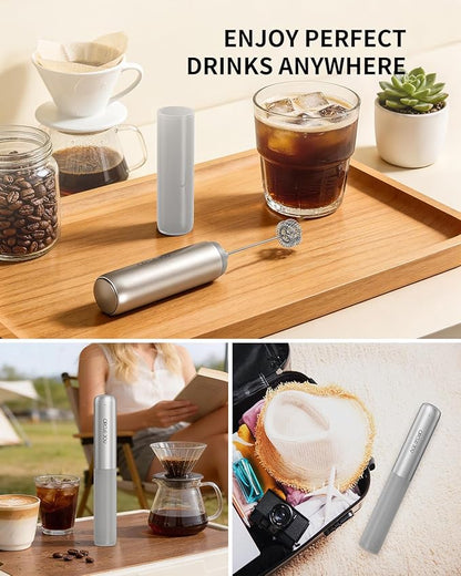 CIRCLE JOY Rechargeable Milk Frother Hanheld, Dual Coil Whisk Head Electric Coffee Frother, Portable Hand Frother Wand Drink Mixer for Matcha Lattes Cappuccino, Kitchen Gifts, Silver