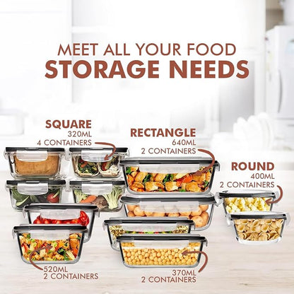 Razab 24 Pc Airtight Glass Food Storage Containers - Glass Meal Prep Containers - Freezer to Oven Safe - Steam Release Valve BPA Free - Airtight Bento Boxes - Leak Proof (12 lids & 12 Containers)
