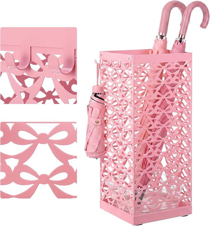 Hicarer Pink Bow Umbrella Stand Metal Umbrella Holder with Removable Drip Tray & 4 Hooks for Entryway Cute Coquette Square Freestanding Walking Sticks Storage Bin for Home Hallway, 16 x 6.3 x 6.3 Inch