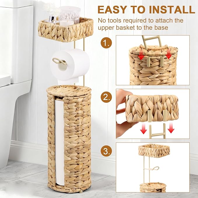 Free Standing Toilet Paper Holder, Rattan Wicker Toilet Paper Basket with Storage, Water Hyacinth Decorative Tissue Roll Storage Holder with Lid for Bathroom