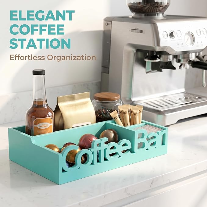 Coffee Bar Organizer for Countertop - Wood Coffee Pods Holder Storage Basket, Essential Coffee Bar Accessories for Home and Office, Condiment Station, Mini Coffee Bar