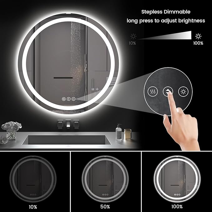 Round LED Bathroom Mirror with Lights, Backlit & Front Lighted, Wall-Mounted Vanity Mirror 3000K/4000K/6000K, Memory Functions, Anti-Fog, Dimmable Smart Mirror (Round 30" x 30")
