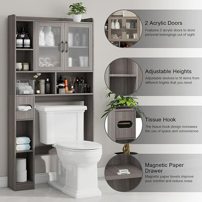 Vabches Over The Toilet Storage Cabinet, Farmhouse Storage Cabinet Over Toilet with Acrylic Doors，Home Space-Saving Toilet Rack, for Bathroom, Restroom, Laundry(Grey