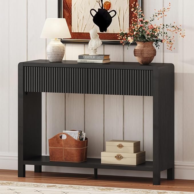 FATORRI Console Entryway Table, Modern Sofa Table with 2 Drawers for Living Room, 39.37 inch Narrow Wood Hallway Tables and Couch Tables Behind Sofa for Small Space (Black)