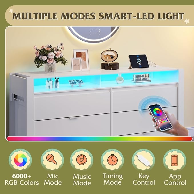 WLIVE 78 Inch LED Dresser for Bedroom, White Dresser with Charging Station, Large Chest of Drawers Expandable with Flexible Shelves and Hanging Rack, Wood Dressers for Closet, Living Room (85" TV)