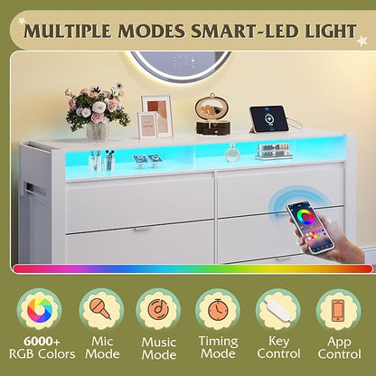 WLIVE 78 Inch LED Dresser for Bedroom, White Dresser with Charging Station, Large Chest of Drawers Expandable with Flexible Shelves and Hanging Rack, Wood Dressers for Closet, Living Room (85" TV)
