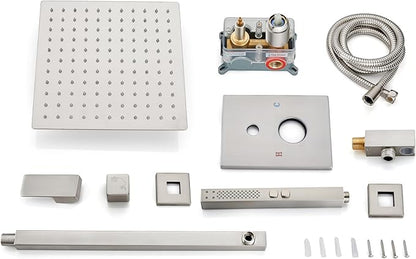 Shower Faucet Set Rainfall Shower System with Square Showerhead and Handle Set Fixture with 2 in 1 Function Handheld Sprayer Wall Mounted Trim Repair Kit Rough-in Valve 12 Inch Brushed Nickel