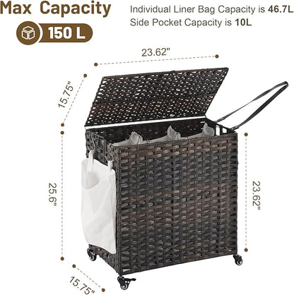 Laundry Hamper with Wheels, 39.6 Gallon(150L) Rolling Laundry Basket with Lid, 3-Section Rattan Clothes Hamper with 3 Removable Liner & 3 Mesh Bags, Laundry Sorter with Side Pocket, Brown