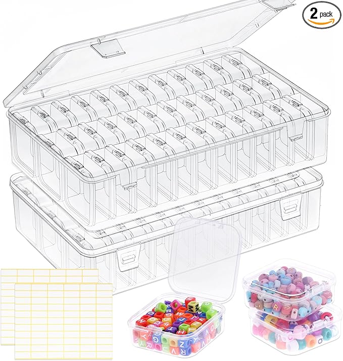 OUTUXED Bead Organizer Box, 72Pcs Small Clear Plastic Bead Storage, Mini Craft Storage Containers Boxes with Hinged Lid and Labels for Bracelets, Making DIY Jewelry Craft Nail, Screws, Seeds