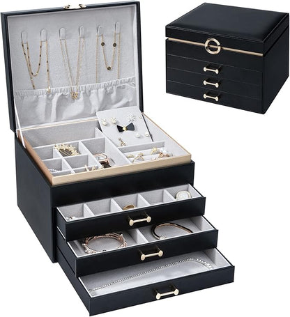 Jewelry Boxes for Women, Large Jewelry Storage Boxes, 4-Layer Leather Jewelry Organizer with 3 Drawers, Jewelry Display Case Gift for Women Girls, Black