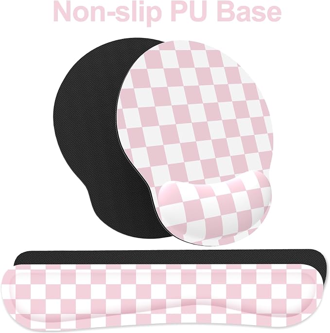 Ergonomic Mouse Pad with Wrist Rest and Keyboard Wrist Rest, Mousepad and Wrist Rest for Computer Keyboard, Pain Relief, Non-Slip Base, Mouse Pad with Wrist Support for Gaming, Office, Pink Checkered