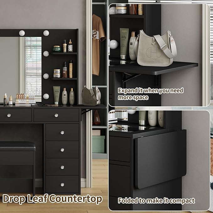 Vanity Desk with Power Outlet, Makeup Table with Mirror and 12 LED Lights, 3 Color Lighting Modes, 11 Drawers Makeup Vanity with 4 Shelves, Fold-up Panel, Vanity Set for Bedroom, Black