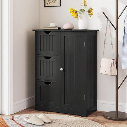 Tangkula Bathroom Floor Cabinet, Freestanding Storage Cabinet with 3 Drawers & Single Door, Adjustable Shelf, Multipurpose Bathroom Storage for Home Office, 23.5 x 12 x 32 Inches (3 Drawers, Black)