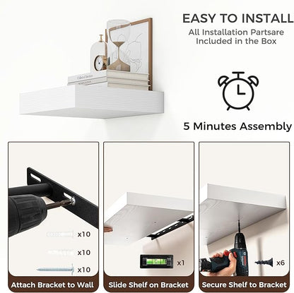 Square Floating Shelves for Wall, 12" W x 12" D x 2" H, 2 Pack of Small Wall Mounted Engineered Wood Shelves with Invisible Brackets for Living Room, Bedroom, Bathroom, Kitchen Decor, White