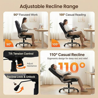 COLAMY Ergonomic Executive Office Chair, High Back Desk Chair with Adjustable Lumbar Support, Flip-Up Armrests & Thick Seat Cushion, 90°–110° Reclining Computer Chair for Home Office,Set of 2