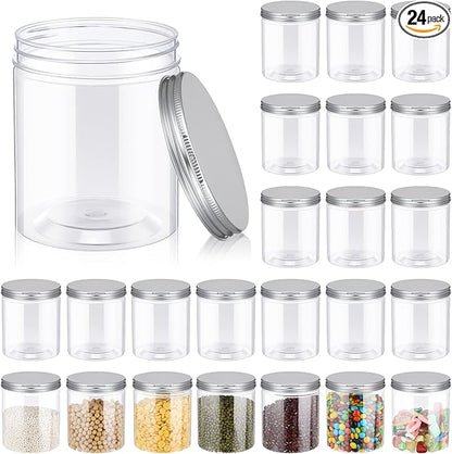 Irenare 24 Pcs 16 oz Plastic Jars with Lids Clear Plastic Containers Wide Mouth Food Mason Jars Airtight Storage Containers for Cake, Dried Fruit, Honey, Nuts, Carft, Scrub Cream(Silver Lids)