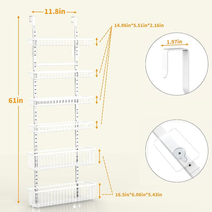 Moforoco Adjustable Over the Door Organizer, Metal Hanging Door Organizer with 5 Wire Basket 7 Hooks, Wall Mounted Shelf for Pantry Laundry Organization and Storage, White
