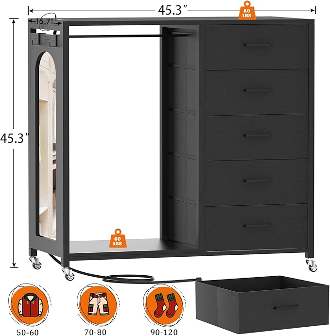 Cyclysio Dresser for Bedroom with Clothes Rack & Mirror, 5 Fabric Drawers Dresser with Charging Station & LED Lights, Rolling Chest of Drawers with Wheels, Full Length Mirror, Wooden Top, Closet
