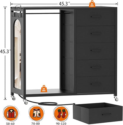 Cyclysio Dresser for Bedroom with Clothes Rack & Mirror, 5 Fabric Drawers Dresser with Charging Station & LED Lights, Rolling Chest of Drawers with Wheels, Full Length Mirror, Wooden Top, Closet