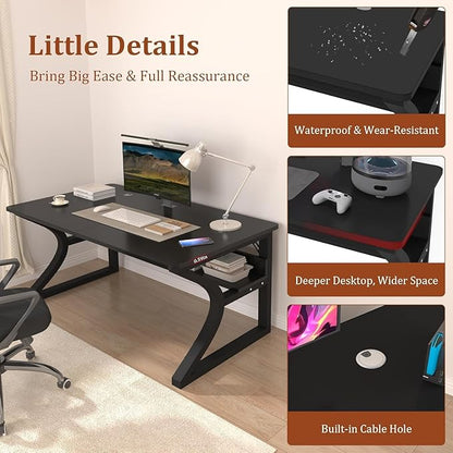 Computer Desk, 55'' Home Office Desks Computer Desk w/Storage Shelf, Study Writing Desk w/U Shaped Metal, Cable Management, Work Table w/Water-Resistant Deeper Thicker Desktop for Home Office