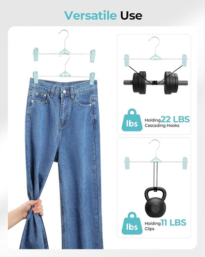 Pant Skirt Hangers with Clips 30 Pack - Space Saving Stackable Shorts Hangers with Clips - Non-Slip, Adjustable for Women, Kids, Men, Children, Blue