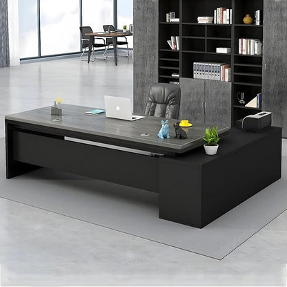 LITFAD Modern L-Shape Office Desk with Wood Base Executive Desks Boss Table Computer Desk Home Office Furniture with Drawers and Storage Shelves - 70.9" L x 31.5" W x 29.5" H Gray
