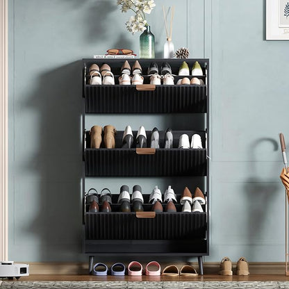 Shoe Cabinet Storage,Modern Freestanding Organizer with 3 Flip Drawers,Narrow Shoe Rack Cabinet for Entryway,Black