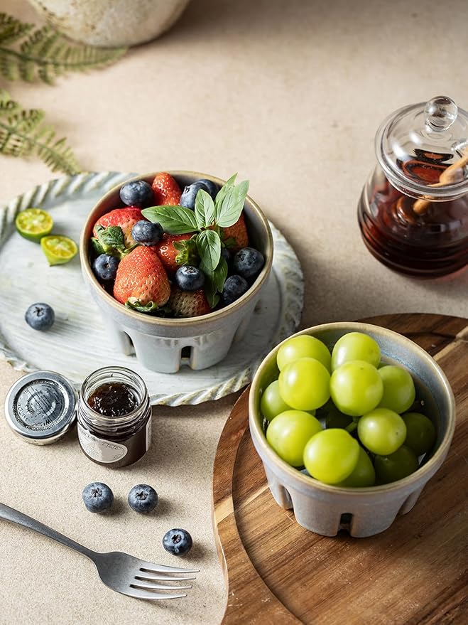 Gomakren Ceramic Berry Basket Set of 2, Round Fruit Bowl with Holes, Fruit Storage Containers for Kitchen Fridge, Cute Strawberry Basket for Berries, Grape, Cherry, Gray