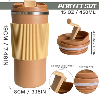 YINBAOGE Upgraded Insulated Travel Coffee Mug, Spill Proof & Leak Proof, Portable Camping Stainless Steel Tumbler, Reusable Thermal Coffee Cup with Lid for Hot & Cold Drinks (4th-khaki, 15OZ)