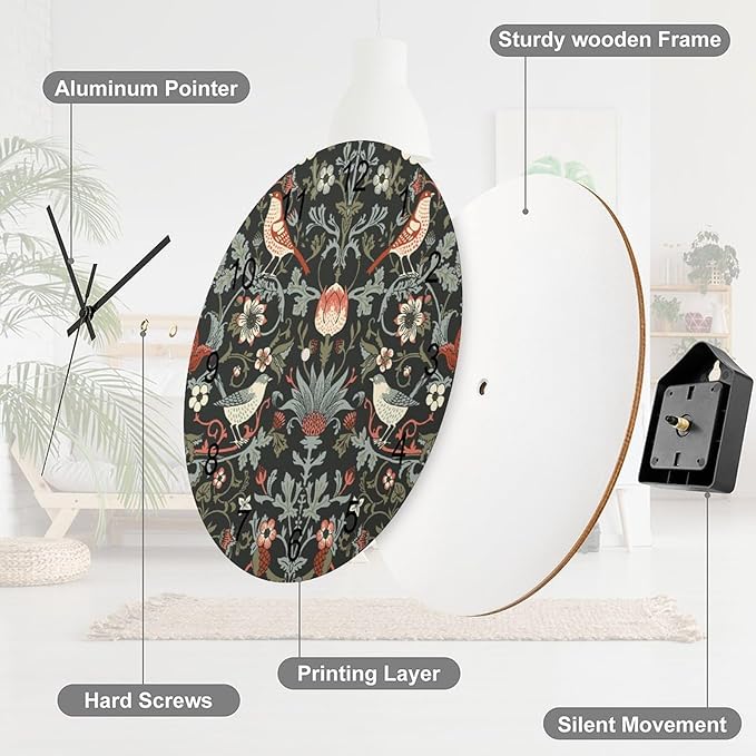William Morris Wall Clock Silent Non Ticking Battery Operated, Vintage Art Black Rustic Floral Botanical Bird Clock Decorative for Bathroom Kitchen Bedroom Living Room(12 Inch)
