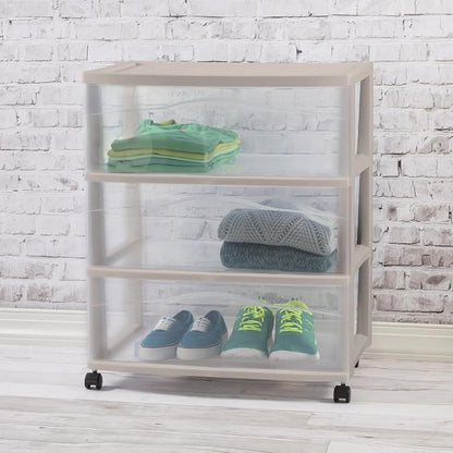Sterilite 3 Pack Wide 3 Drawer Storage Cart, Rolling Organization, Grey | Clear Plastic Organizer Drawers with Wheels for Craft Supplies, Bath Essentials, or Home Accessories