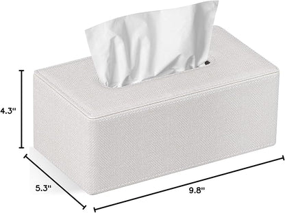 GOLRANLYE Tissue Box Cover Rectangular 9.8"(L) x 5.3"(W) x 4.3"(H) Refined Modern PU Leather Facial Tissue Dispenser Box Holder for Dresser Bathroom Decorative (Linen Beige)