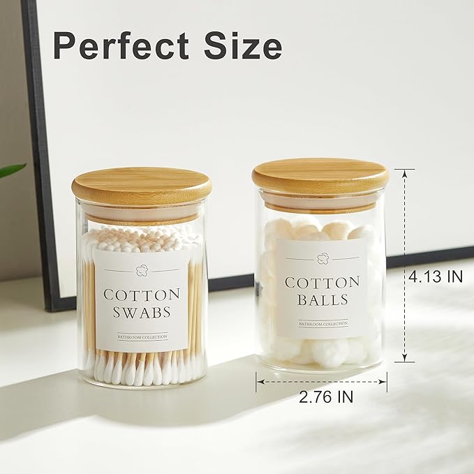 INIUNIK 3 Pack Qtip Holder Dispenser - Glass Apothecary Jars with Lids, Cotton Ball Pad Swab Round Holder, Bamboo Bathroom Accessories, Bathroom Organizers Containers Jars Canisters with Lids