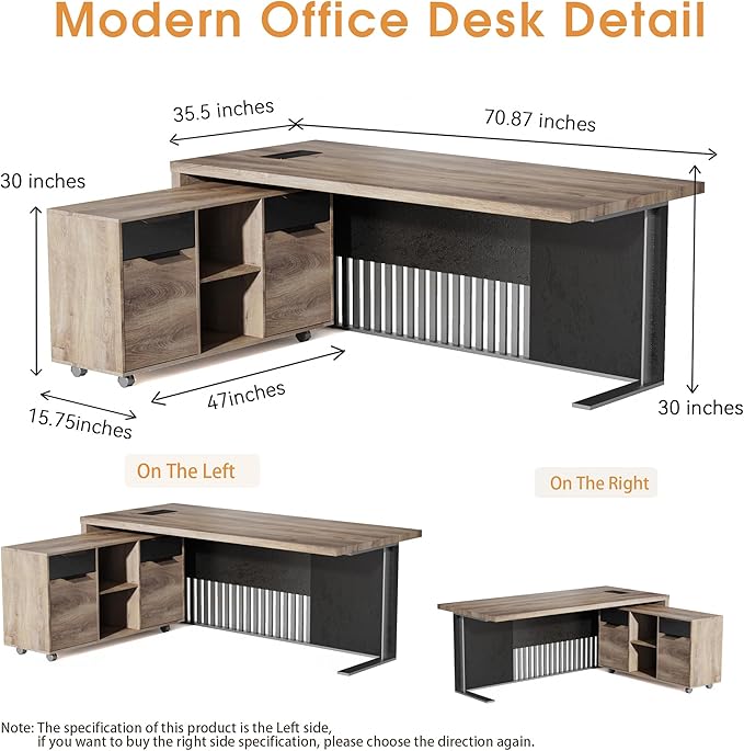 SAINTCY 70.87 L Shaped Executive Desk with Drawers, Modern Computer Writing Desk with File Cabinet, Business Furniture W/Stand Under Storage Organizer with Wheels,1.97IN Thick Desktop