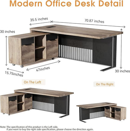 SAINTCY 70.87 L Shaped Executive Desk with Drawers, Modern Computer Writing Desk with File Cabinet, Business Furniture W/Stand Under Storage Organizer with Wheels,1.97IN Thick Desktop