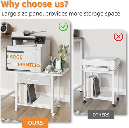YAOHUOO 22"x15" Large Printer Stand with Drawer, 2-Tier Rolling Table Cart | Under Desk Printer Table,Storage Fabric Drawer,Fit printer/fax/3d/scanner,4 Lock Wheels or Feet,For Home Office Dorms,White