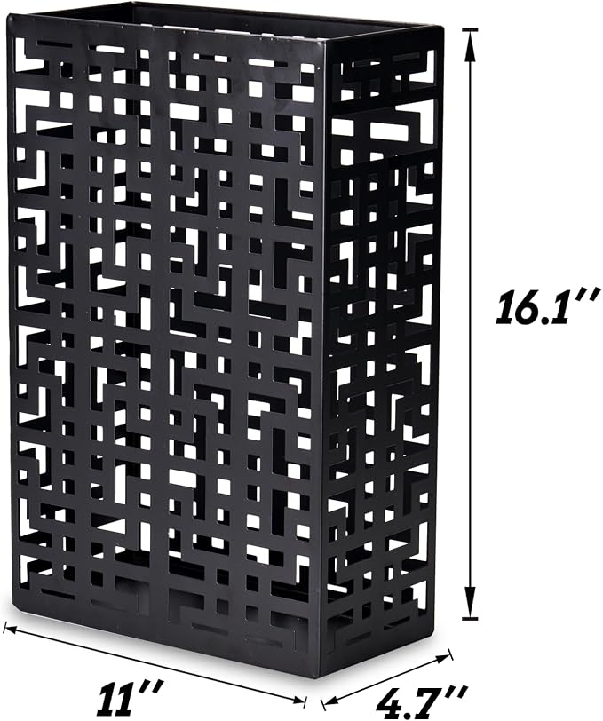 BEWBBAT Umbrella Stand Rack for Entryway, Hollow Metal Holder, FreeStanding Storage Bin for Long Umbrellas, Holds 6-7, Black