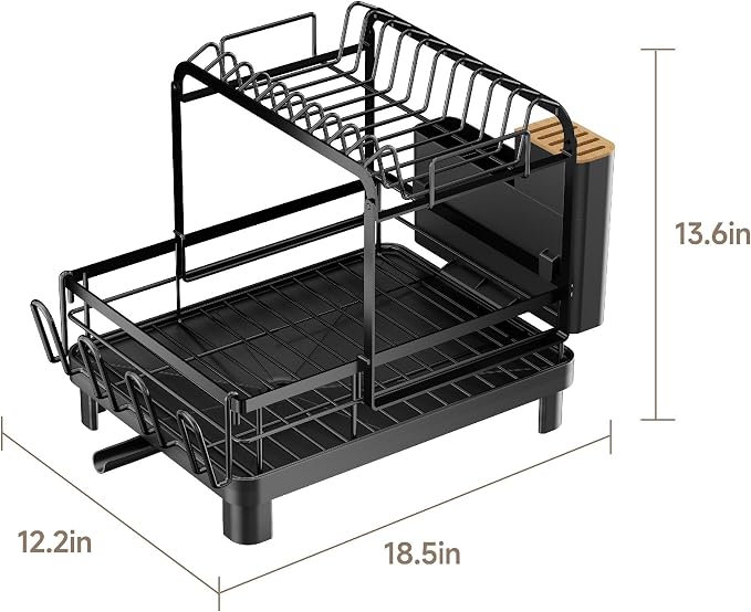 Runnatal 2-Tier Dish Drying Rack, Large Dish Rack with Drainboard Set, Detachable 4-in-1 Large Capacity Dish Drainer Over The Sink Anti-Rust for Kitchen Counter, Black