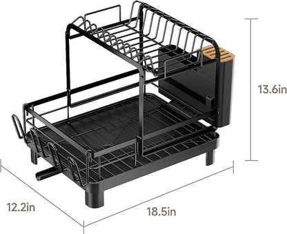 Runnatal 2-Tier Dish Drying Rack, Large Dish Rack with Drainboard Set, Detachable 4-in-1 Large Capacity Dish Drainer Over The Sink Anti-Rust for Kitchen Counter, Black