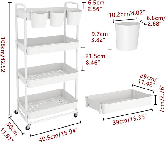 JIUYOTREE 4-Tier Plastic Rolling Storage Cart Utility Cart with Extra Hanging Cups Handles Lockable Wheels for Living Room Bathroom Kitchen Office White