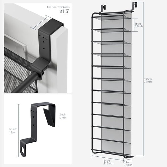 Whitmor 36 Pair Over The Door Shoe Organizer, 12 Tier Hanging Shoe Organizer, Heavy Duty Metal & Mesh Shoe Holder, Hanging Shoe Rack for Closet Organizer, 74" L x 21.7" W x 7.5" H, Matt Gunmetal